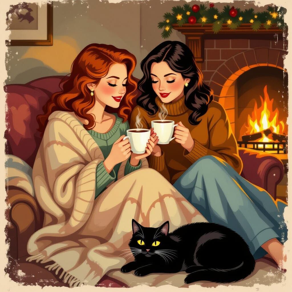 Cozy Evening at Home in Vintage Illustration Style