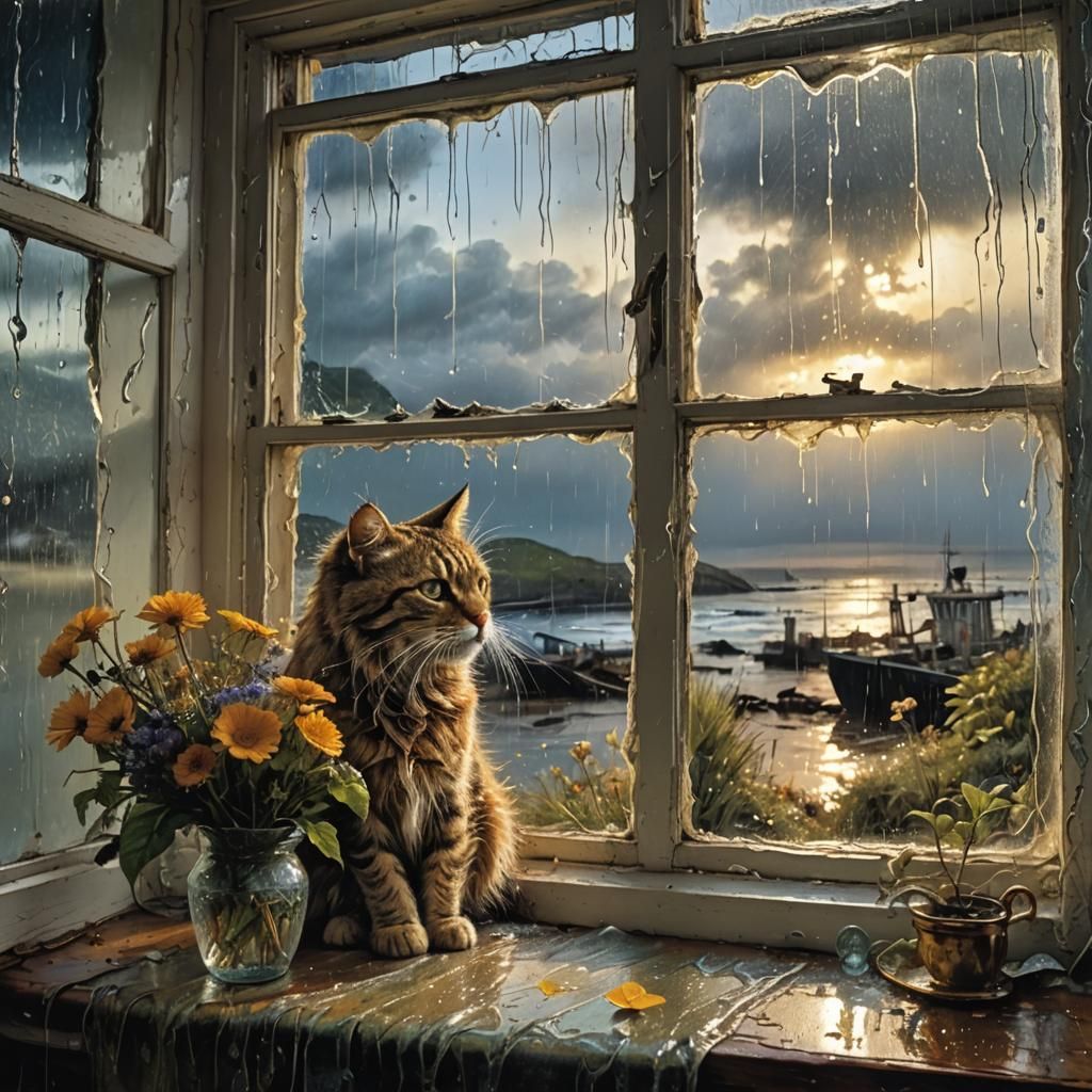Rainy Window Scene Revealing Beach Landscape