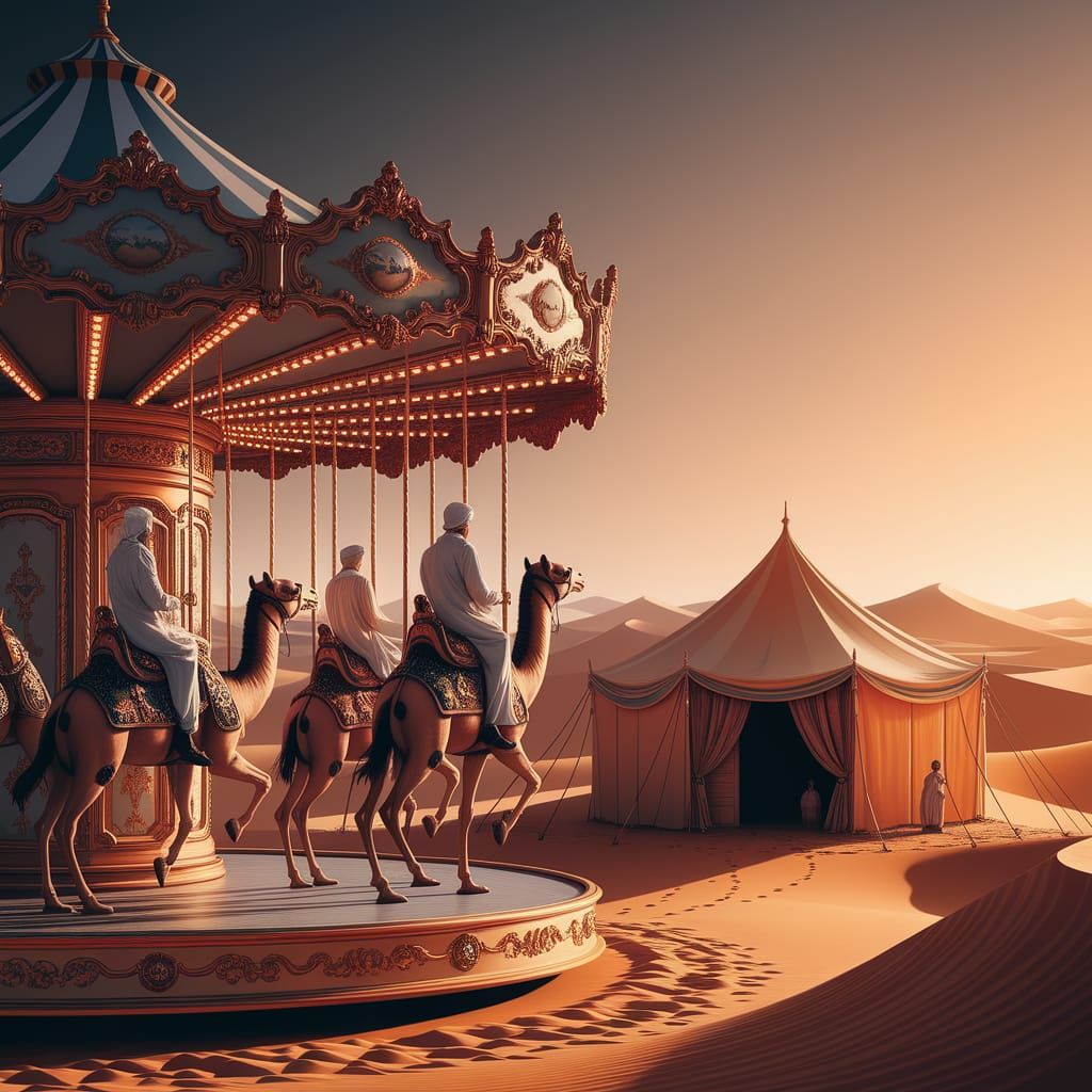 Bedouin Camel Carousel at Sunrise Matte Painting