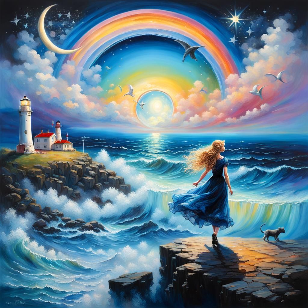 Epic Landscape with Crescent Moon in Mixed Media Style