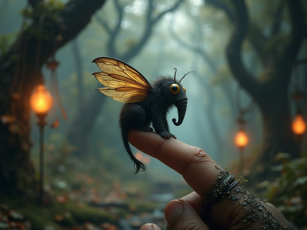 Mystical Bee Elephant Hybrid Perches on Fingertip