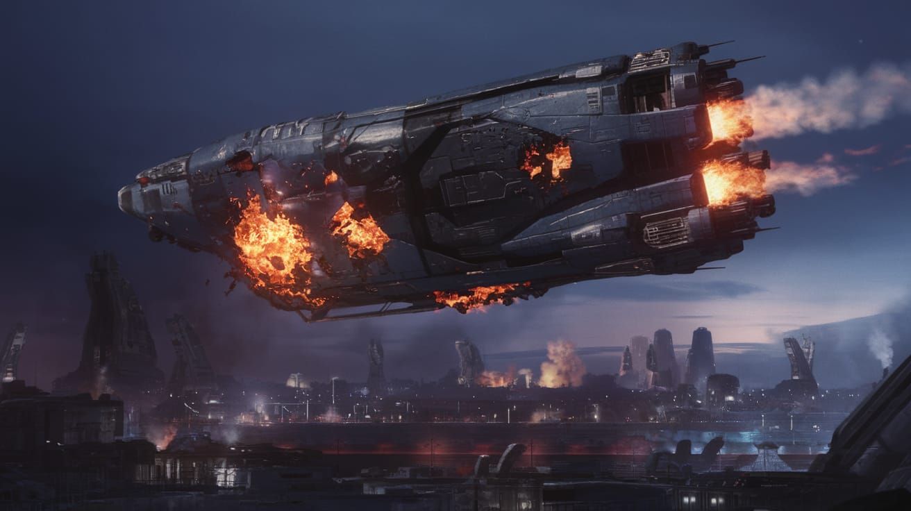 Battered Spacecraft Soars Above Alien Metropolis