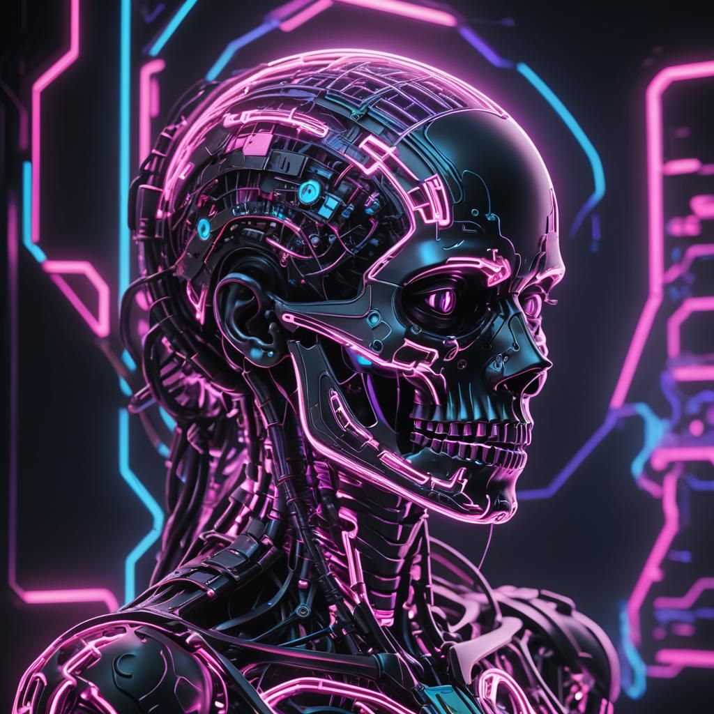 Cyberpunk Skeleton Bust in Neon Light Sculpture
