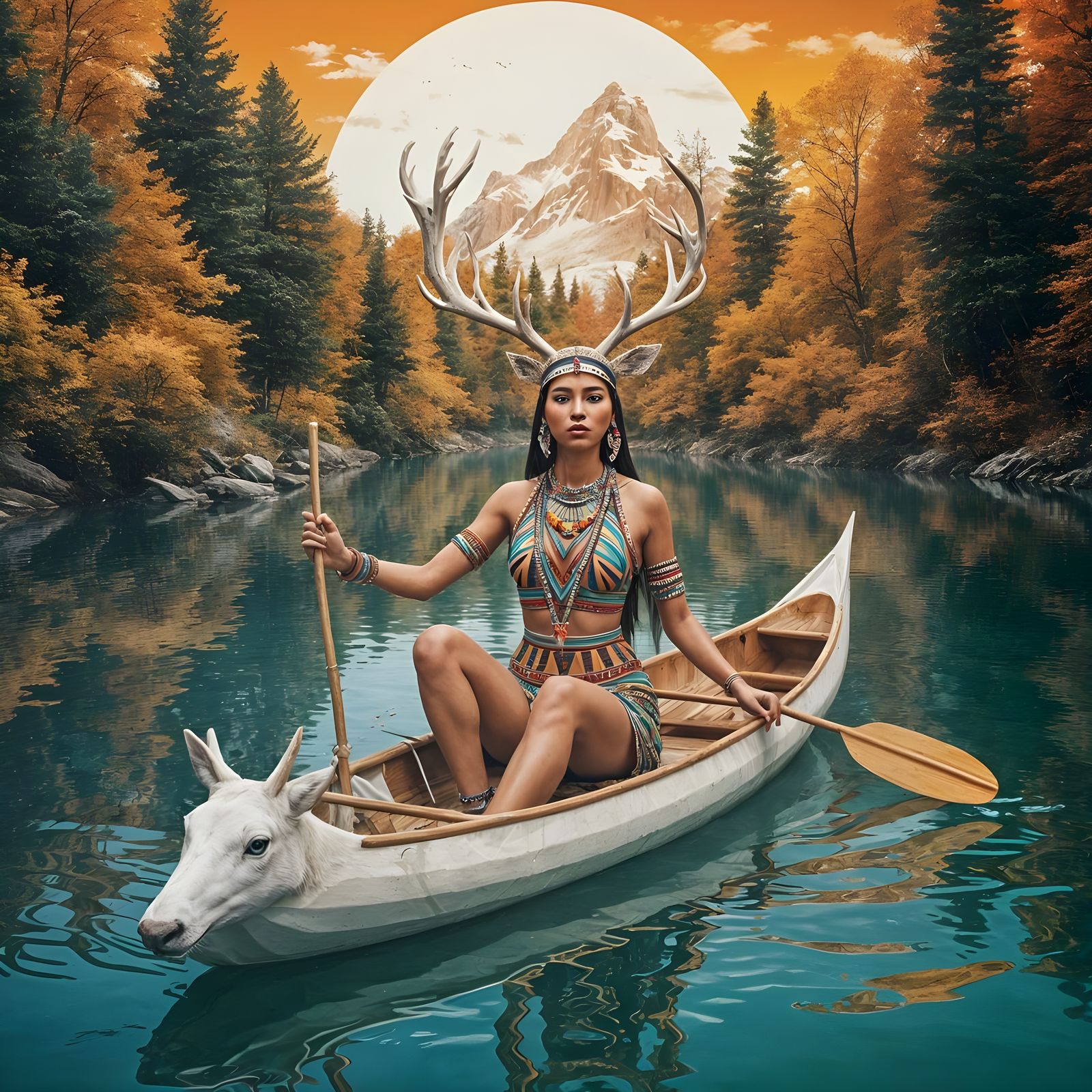 Native American Goddess in Canoe Amidst Abundance