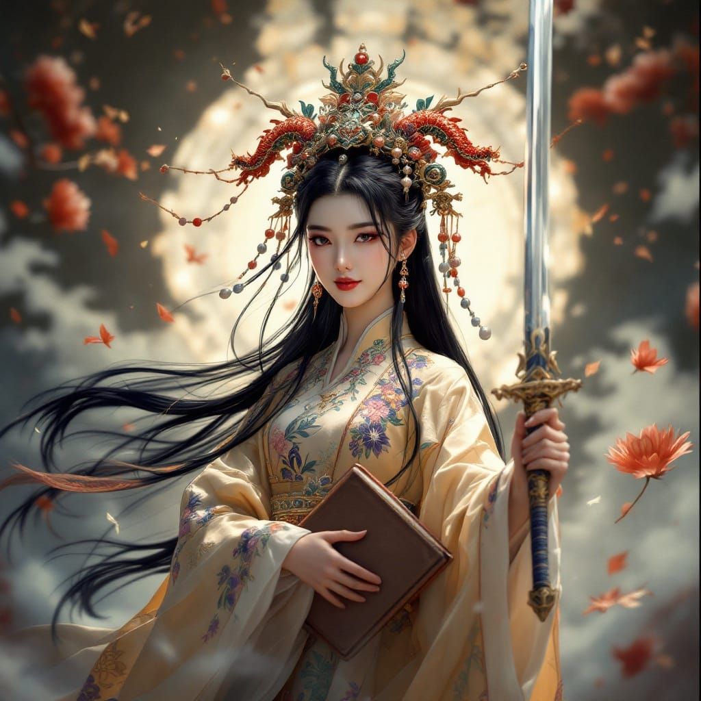 Chinese Heroine in Regal Ming Dynasty Attire with Dragon Cro...