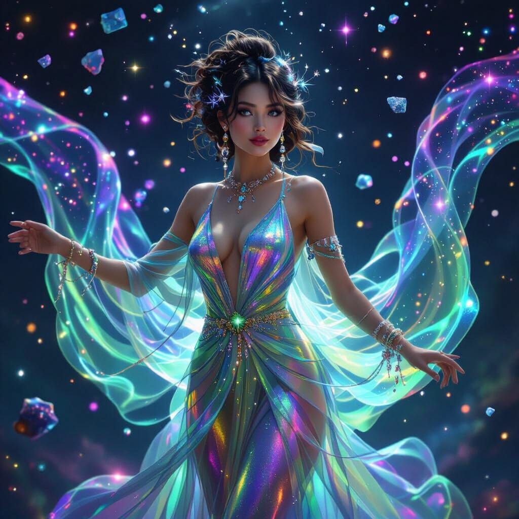 Celestial Woman in Iridescent Gown with Cosmic Stardust