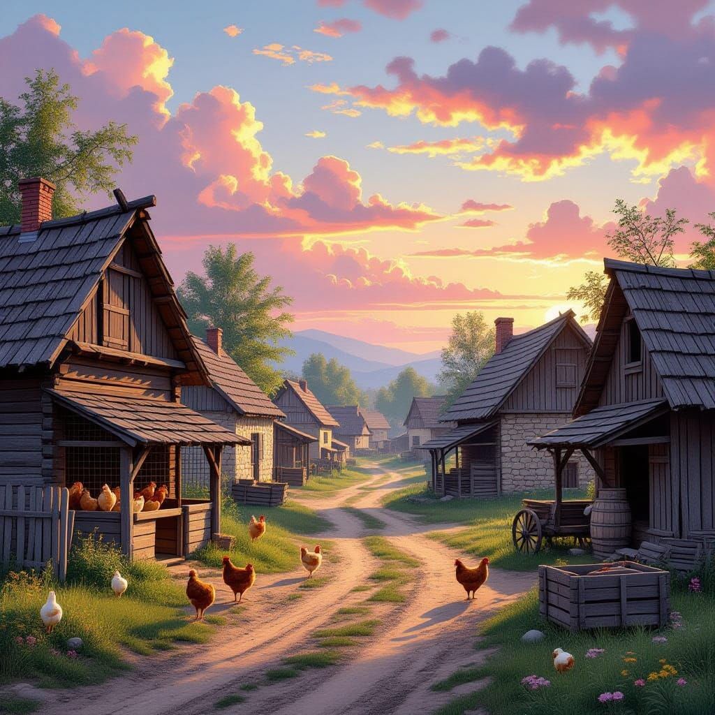 Primitive Rural Village at Sunset, Realistic Digital Paintin...