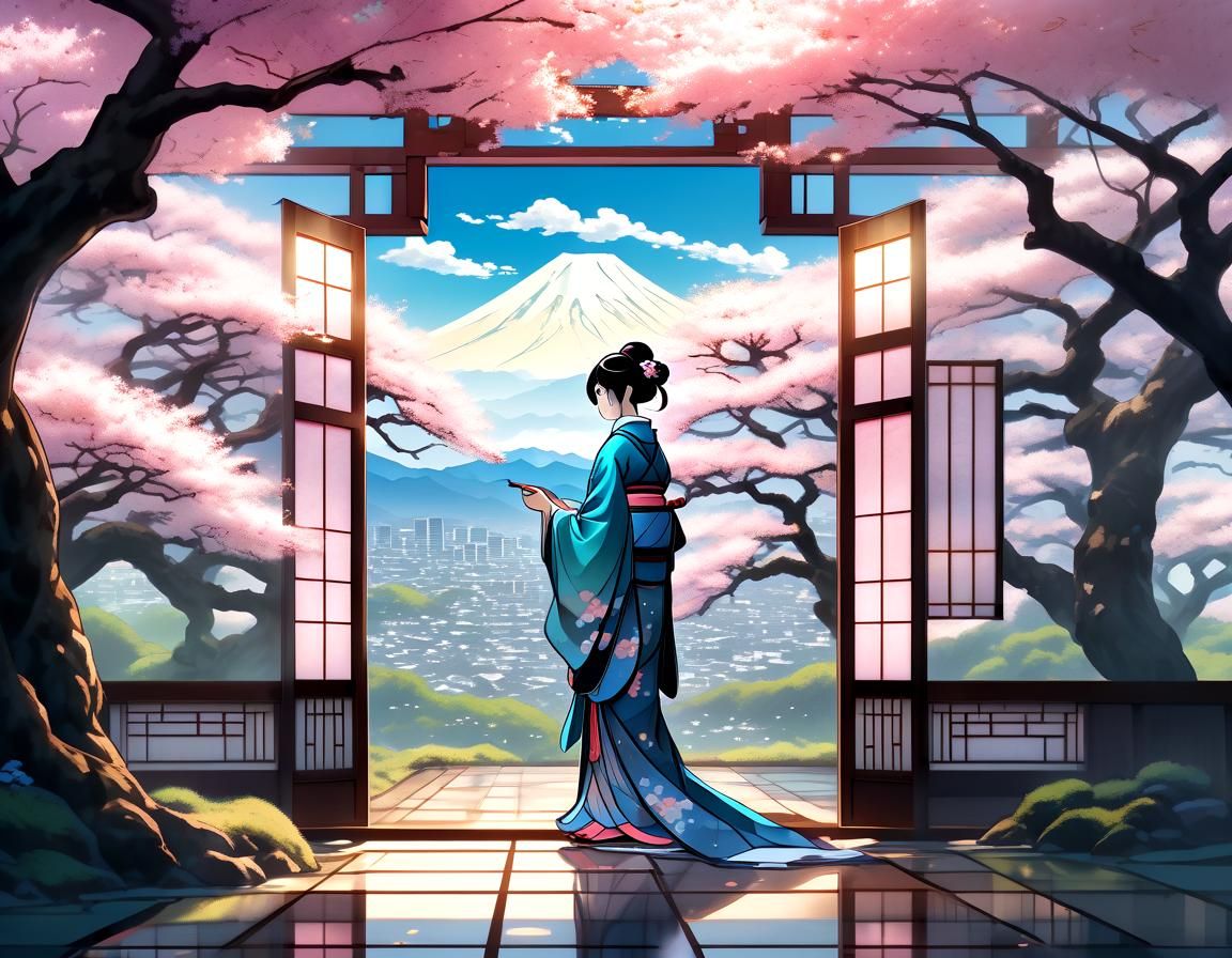 Cherry Blossom Triptych in Anime Stained Glass Style