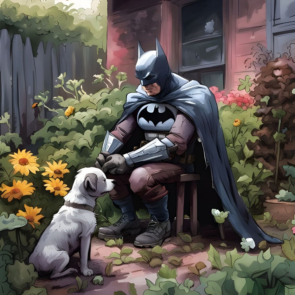 Elderly Batman and Puppy in Watercolor Garden