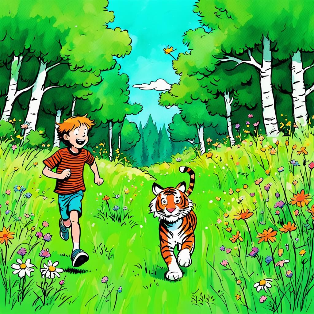 Boy and Tiger Adventure in Whimsical Comic Art