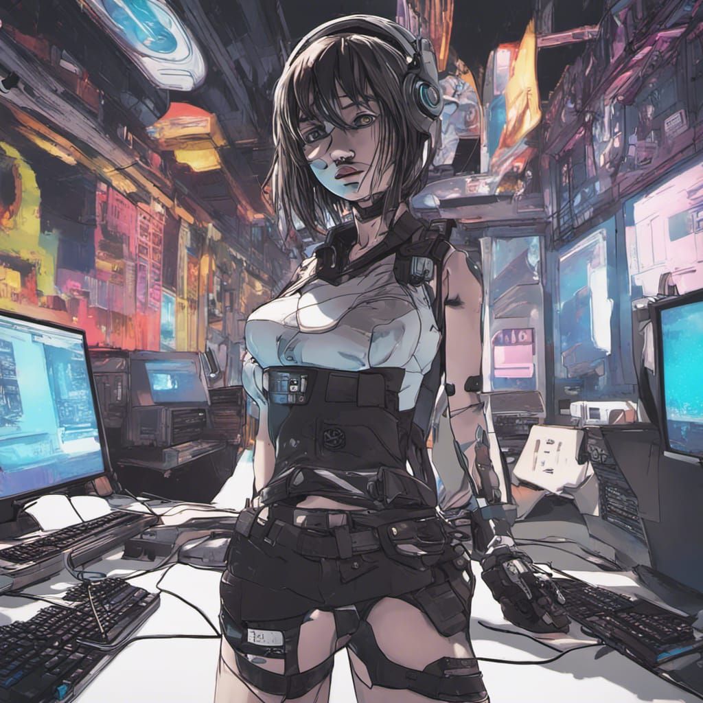Cyberpunk Programmer Prints Hello World in Anime Style