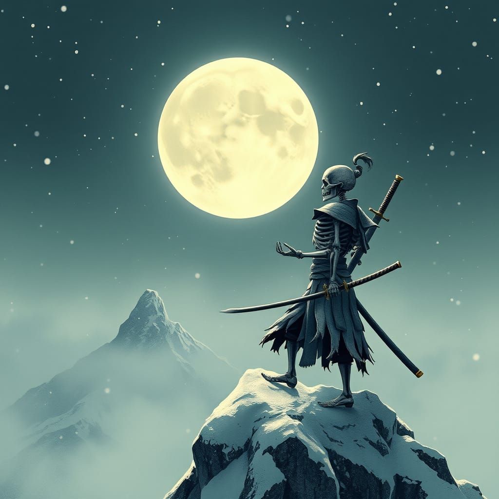 Skeleton Samurai Meditating Under the Moon in Ink Wash Style