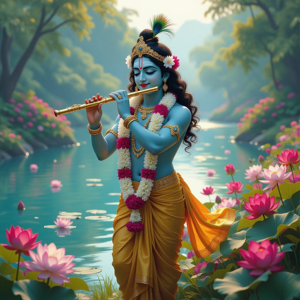 Lord Krishna Playing Flute in Hyperrealistic Style