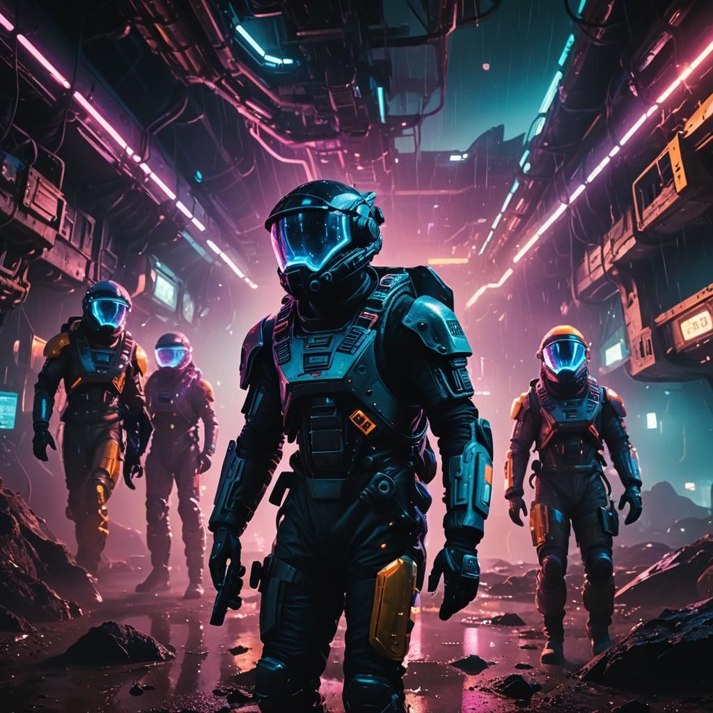 Cyberpunk Space Crew Explore Alien Planet in Neon Light