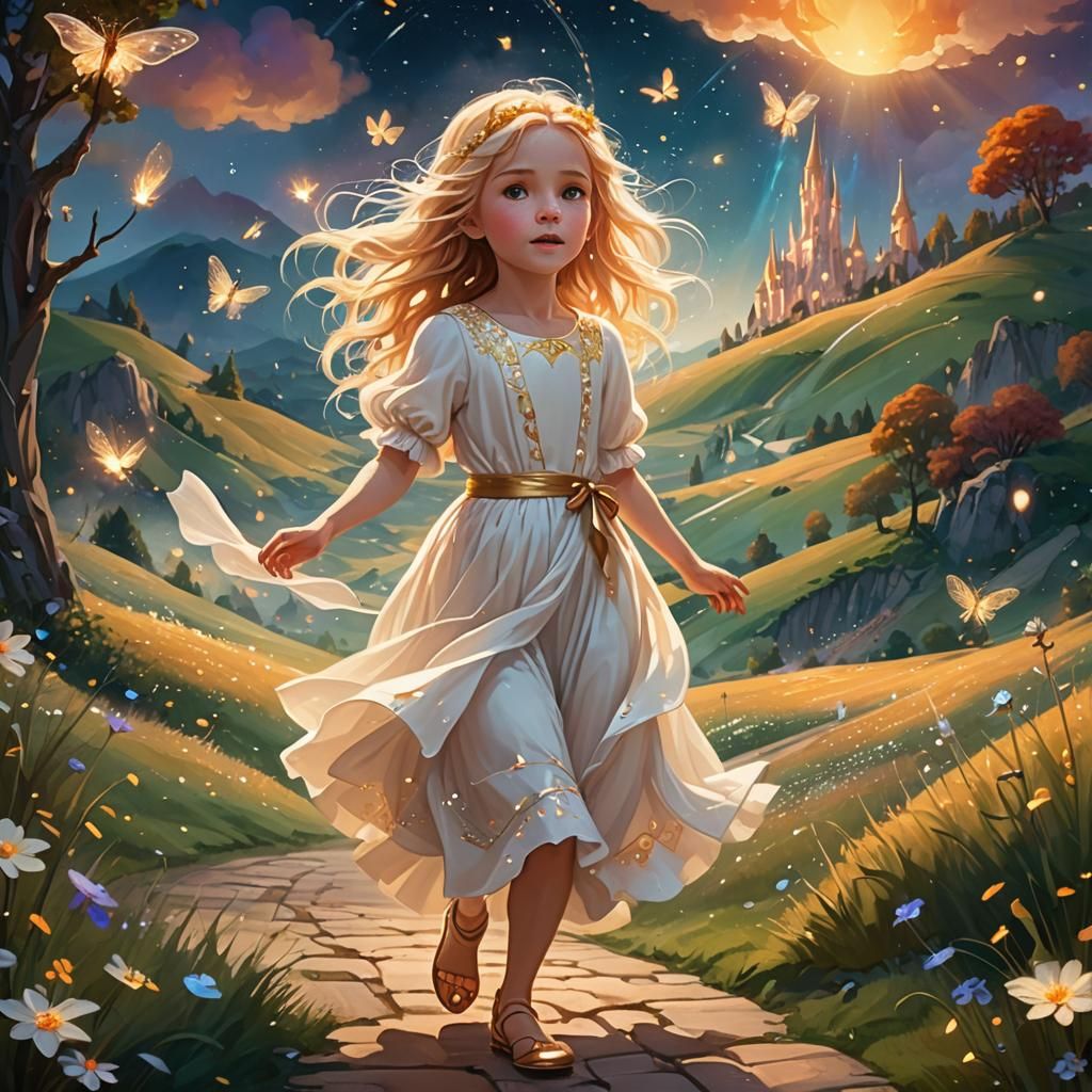 Dreamland Girl in Flowing Dress: Impressionist Fantasy Art