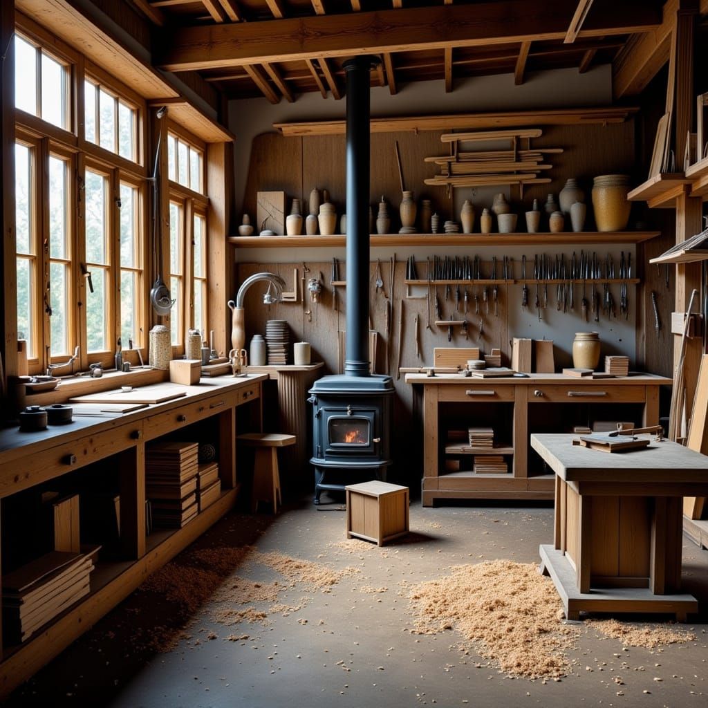Woodworkers Shop Scene with Firelit Stove and Wood Shavings