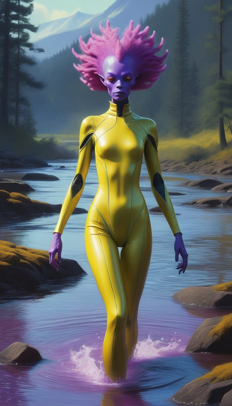 Regal Alien Queen Beside Emerald-Green River in Lavender Hue...