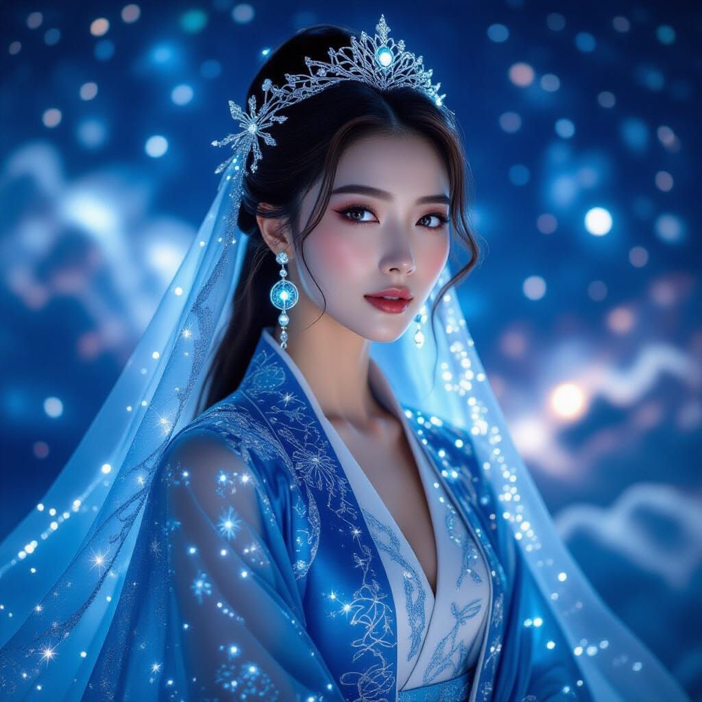 Ethereal Woman in Sapphire Robes Amidst Cosmic Dreamscape