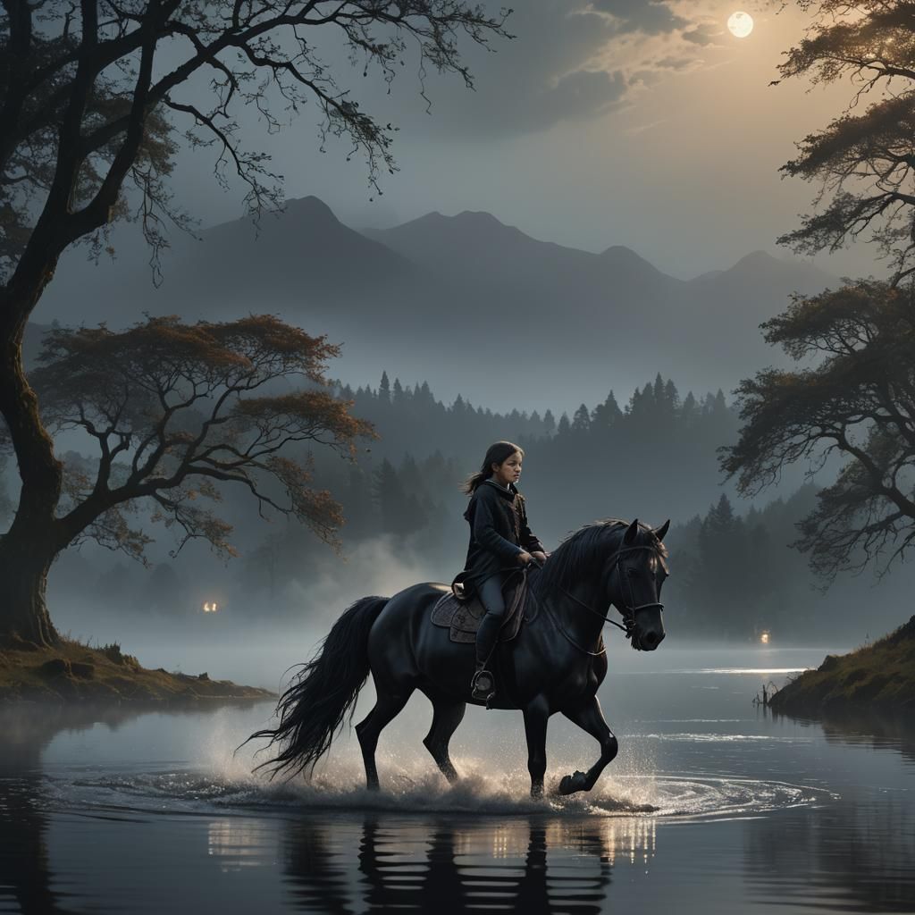 Child Rides Kelpie Through Misty Scottish Lake