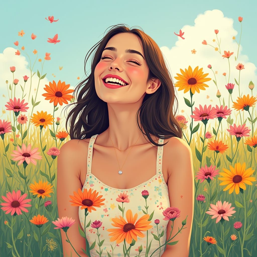 Woman Spreading Love in a Flower Meadow, Whimsical Art
