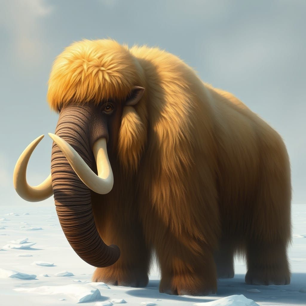 Golden Brown Wooly Mammoth in Icy Landscape