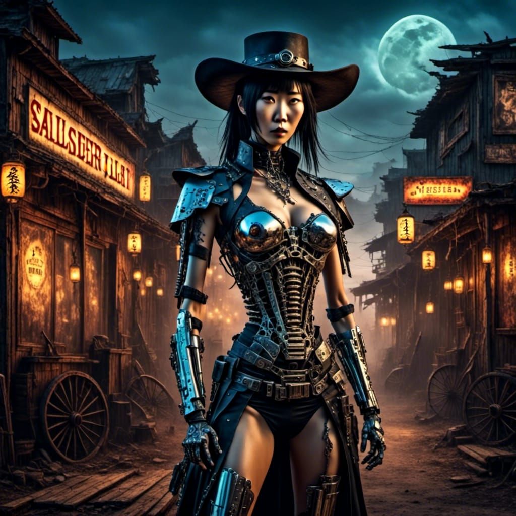 Asian Android Gunslinger in Wild West Saloon