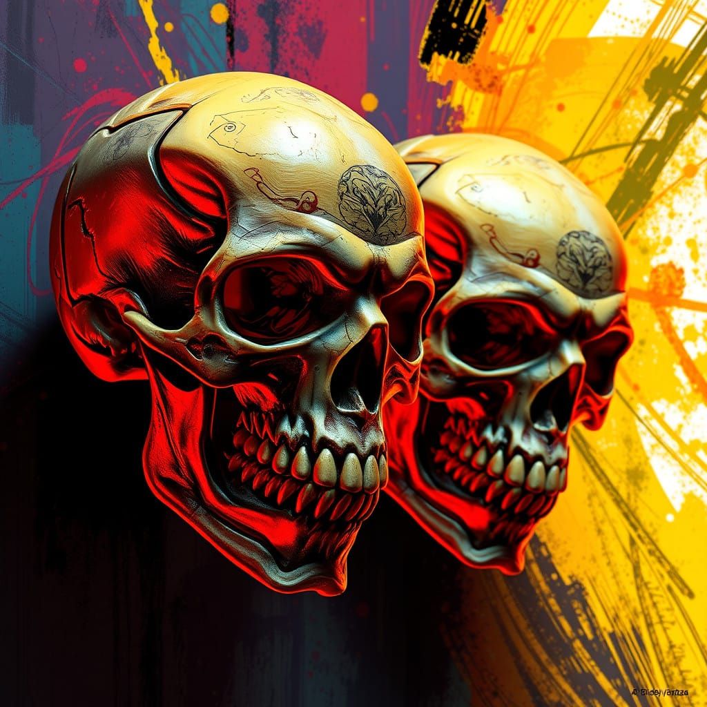 Vibrant, Hyperrealistic Skulls in Dark, Mystical Scene