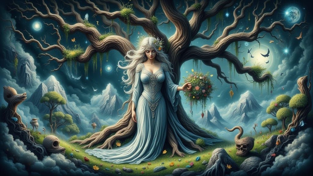 Celestial Nymph Embracing Oak Tree in Whimsical Realism