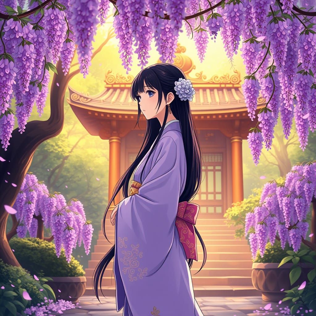 Elegant Girl in Lavender Kimono, Anime-Inspired
