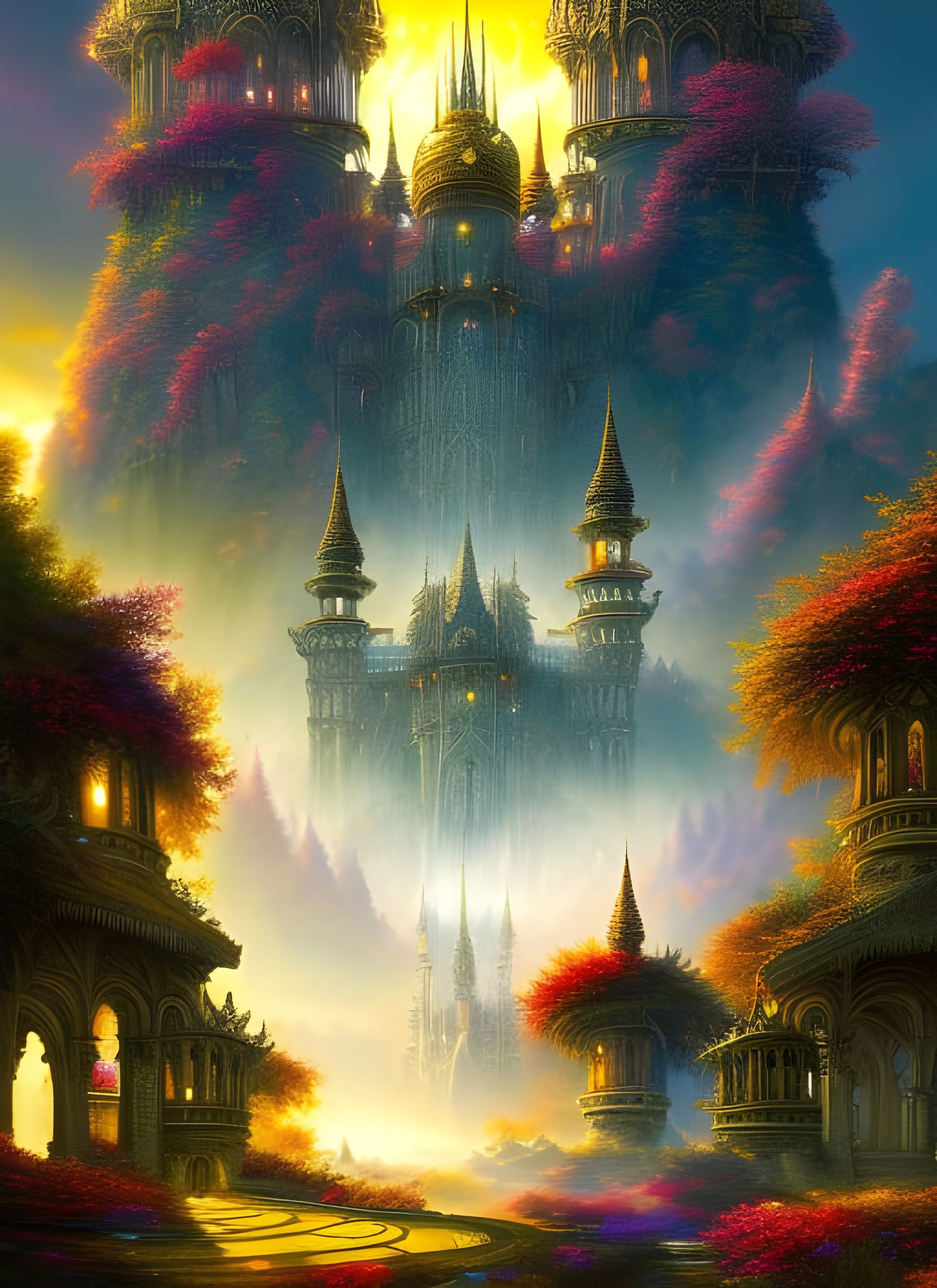 Fantasy Castle Landscape at Sunset: Intricate Digital Art