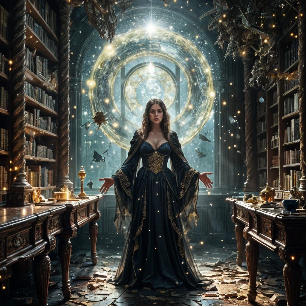 Sorceress Conjures Celestial Vortex in Dark Fantasy Library