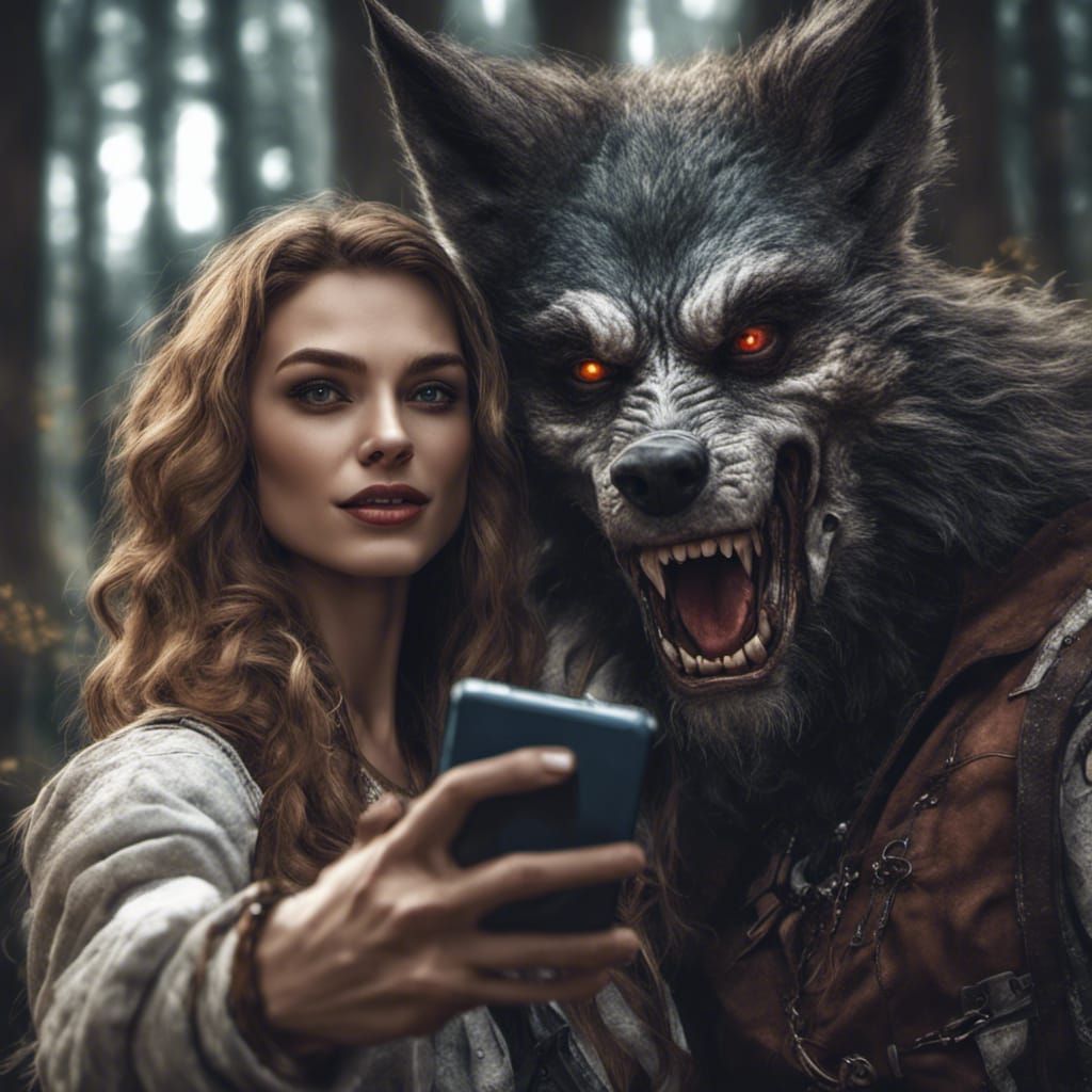 Woman and Werewolf Selfie in Fantasy Scenery