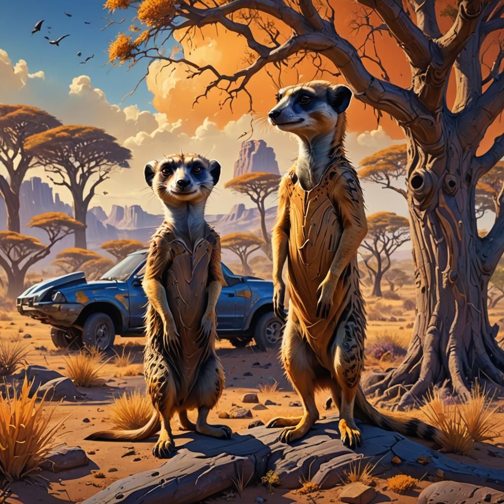 Meerkat and Warthog in Sunlit Savannah