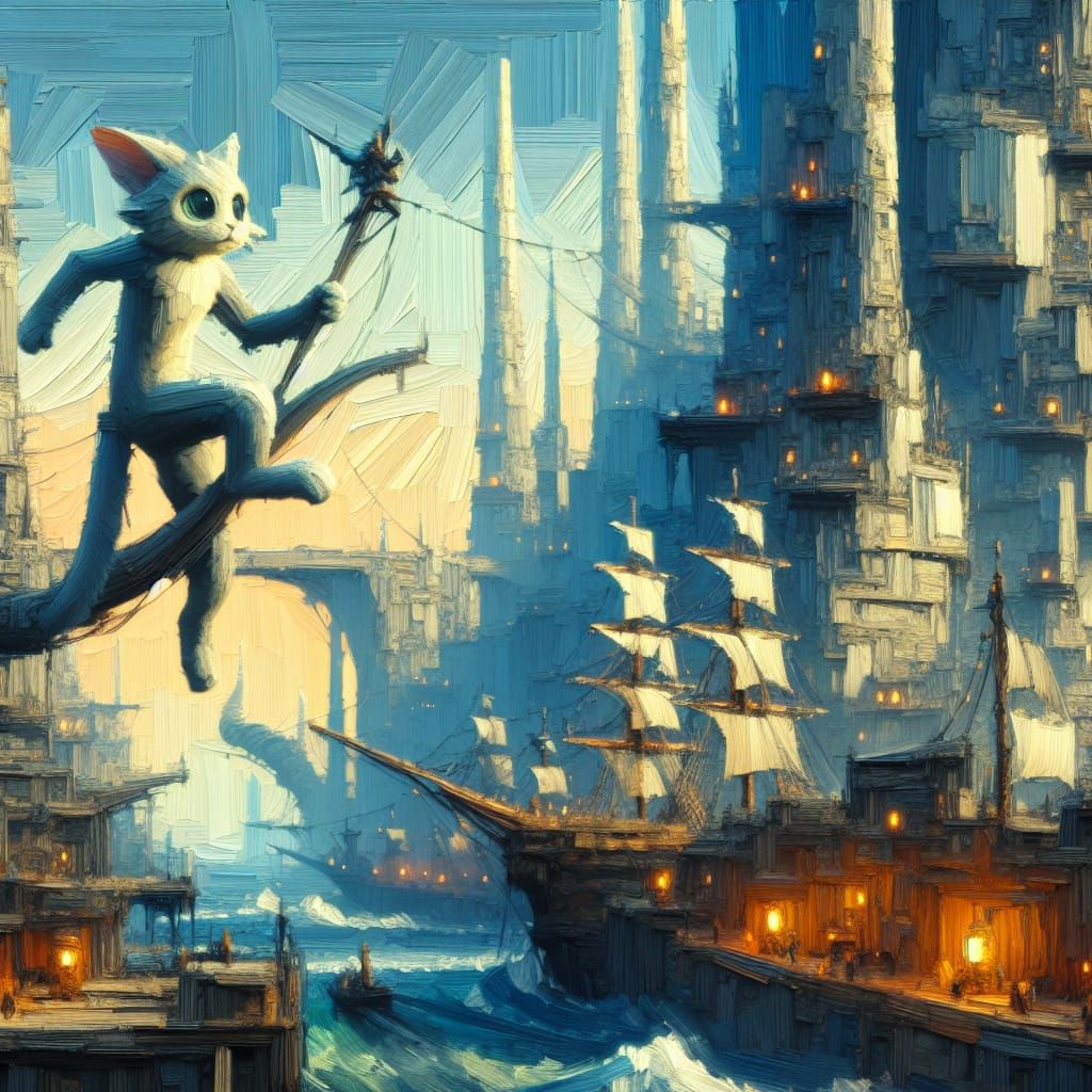 Fantasy Cat Swings Through Brutalist Cityscape