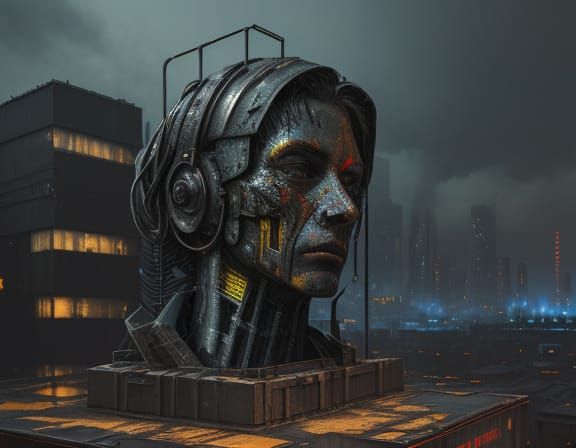 Android in Cyberpunk Dystopia, with Neo-Impressionist Flair