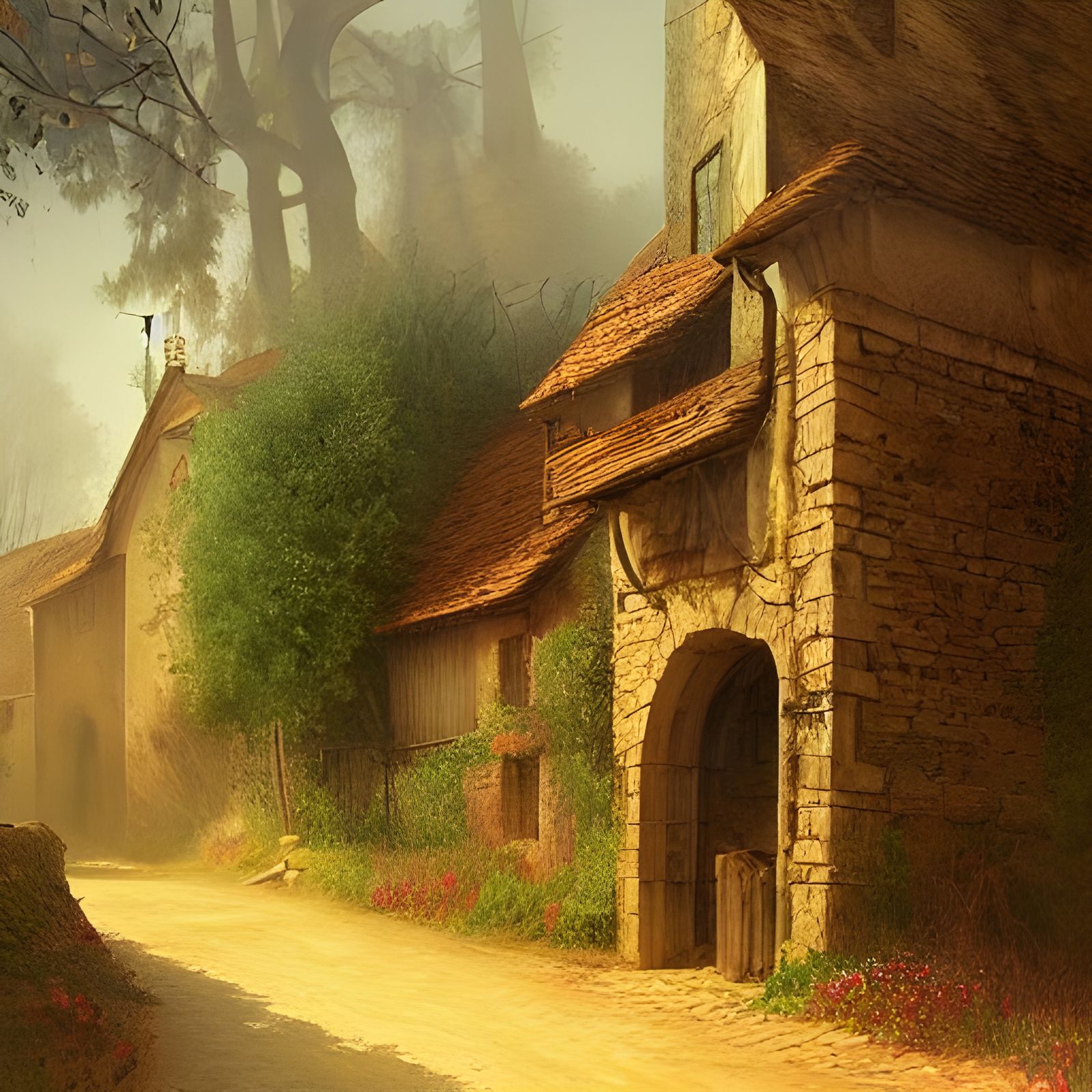 Detailed Medieval Village Road in Afternoon Dust