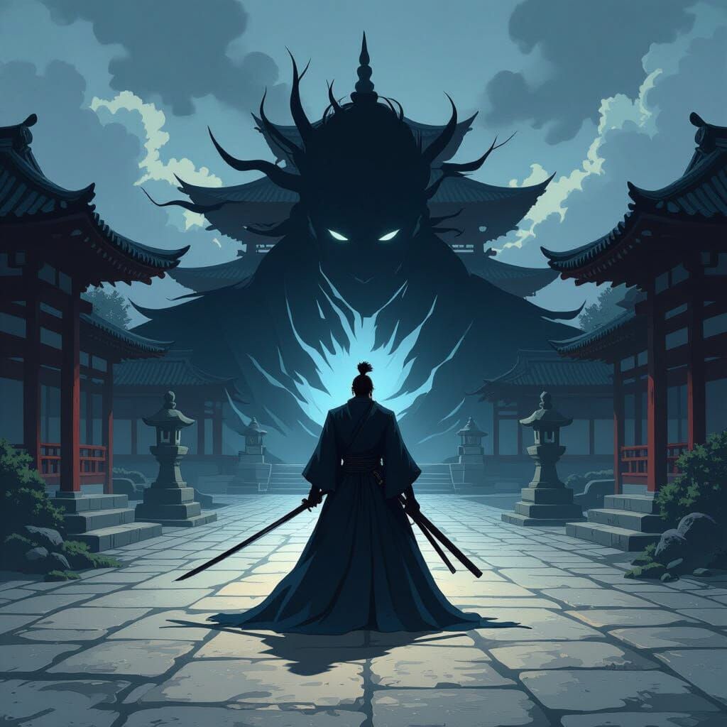 Anime Swordsman's Shadow: Inner Conflict in Dark, Moody Tone...