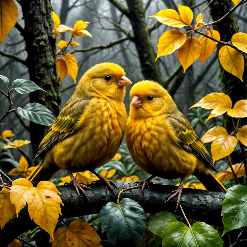 Fluffy Yellow Canaries Cuddle in Rainy Forest
