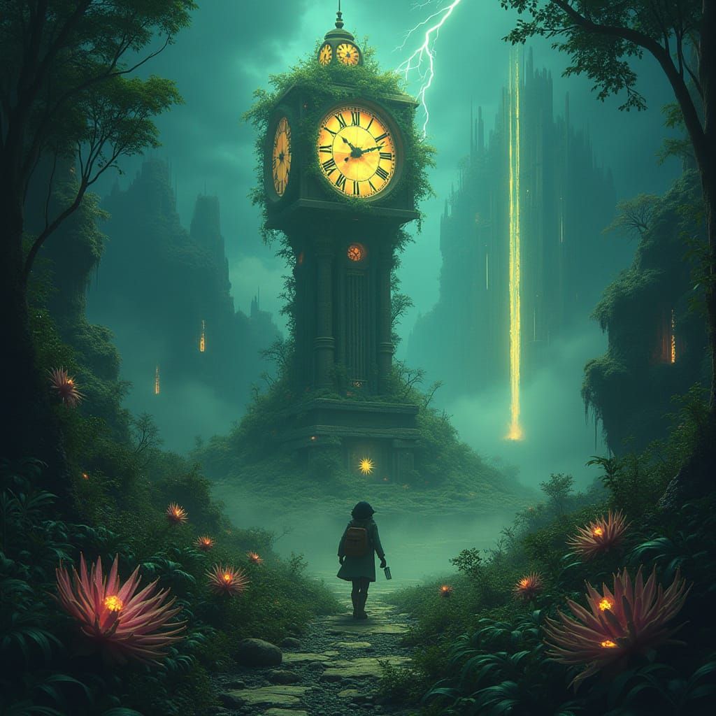 Bioluminescent Jungle Clock Tower in Aetherpunk Style