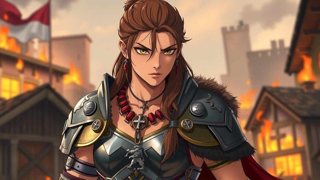 Spartan Warrior in Burning Village, Anime Style