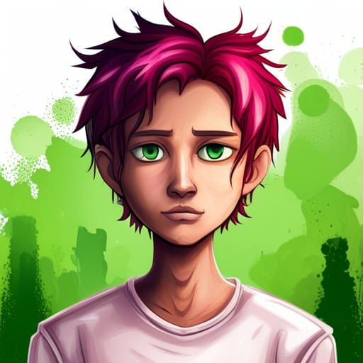 Cartoon Teenage Boy with Pink Hair, Digital Art