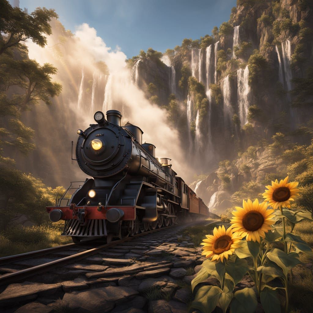 Steamtrain Conquers Vibrant Fantasy Landscape in Oil Paintin...
