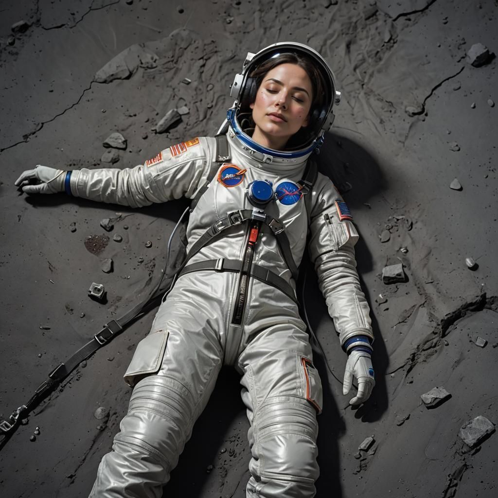 003 A beautiful woman wearing a white spacesuit lying uncons...