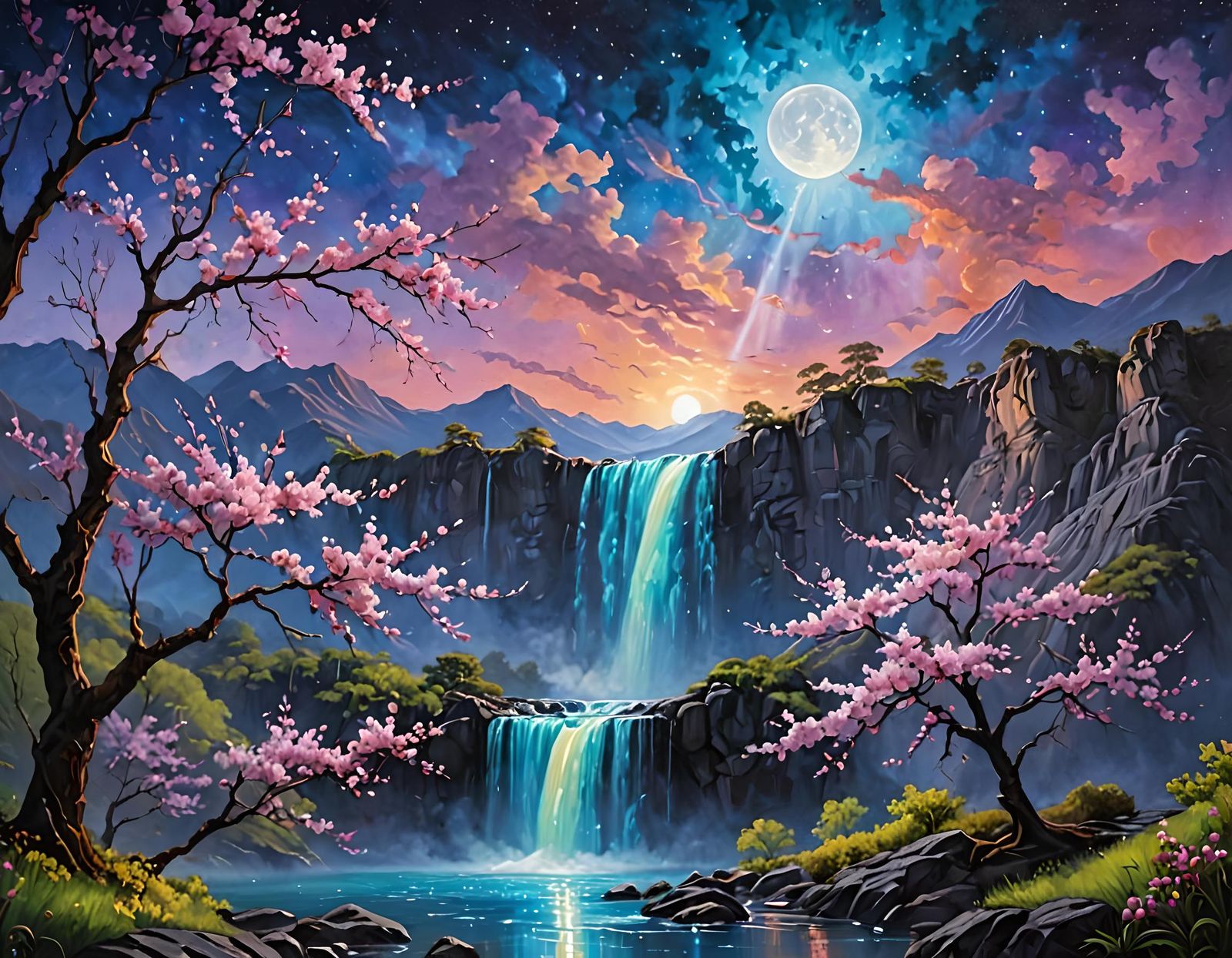 Moonlit Cherry Blossom Landscape in Vibrant Oil Painting