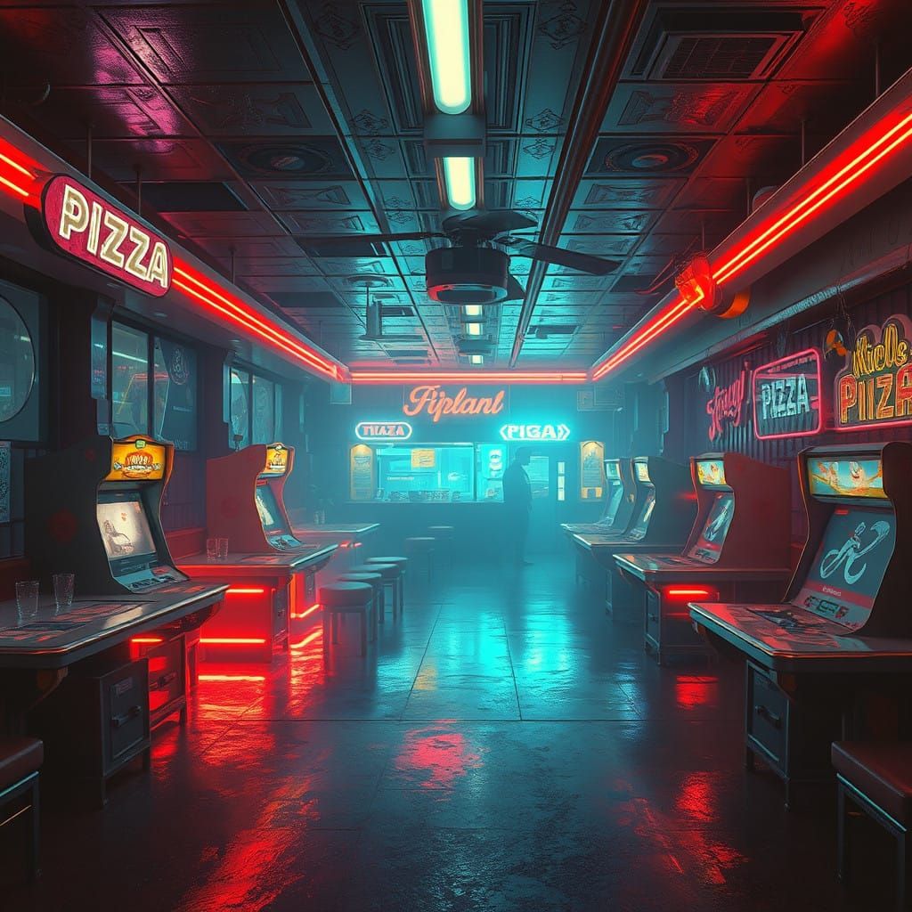 Retro Futuristic Pizza Arcade Nightmare