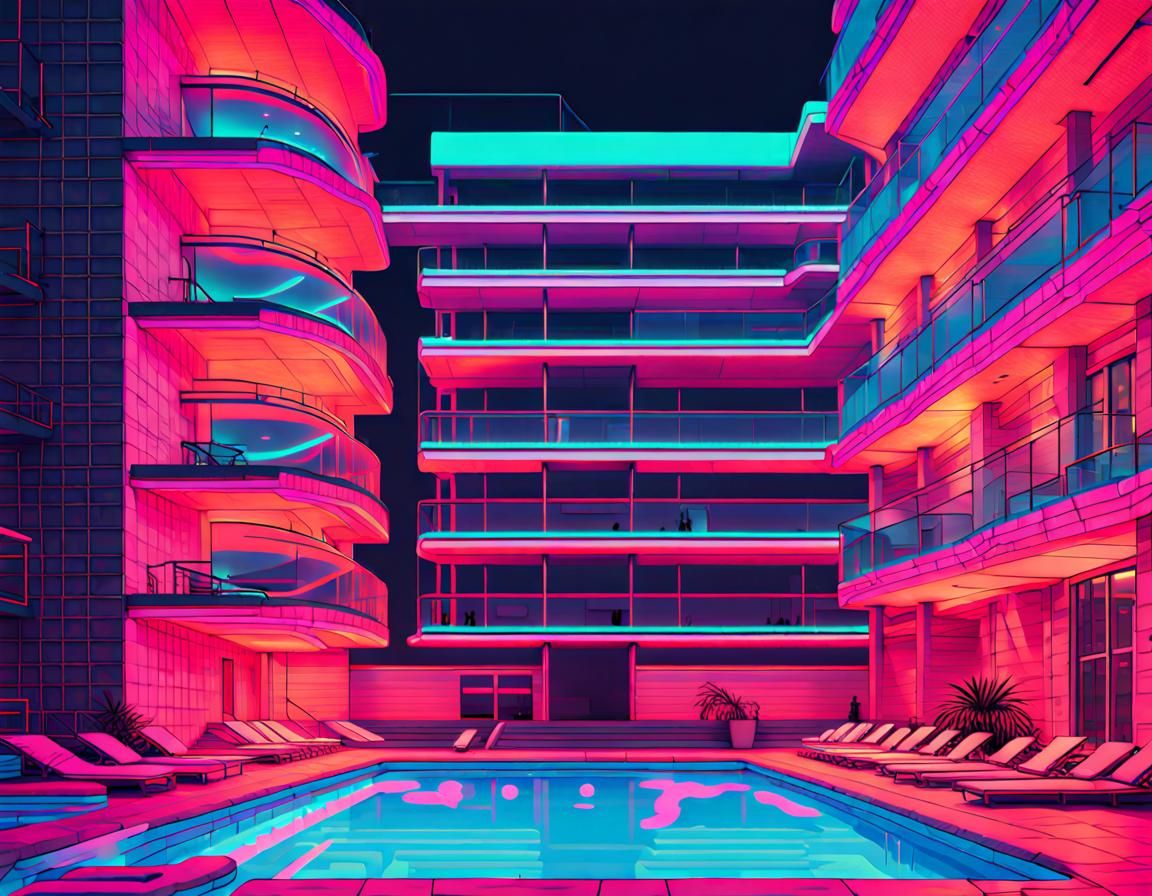Neon 90s Skull Pool in Brutalist Setting