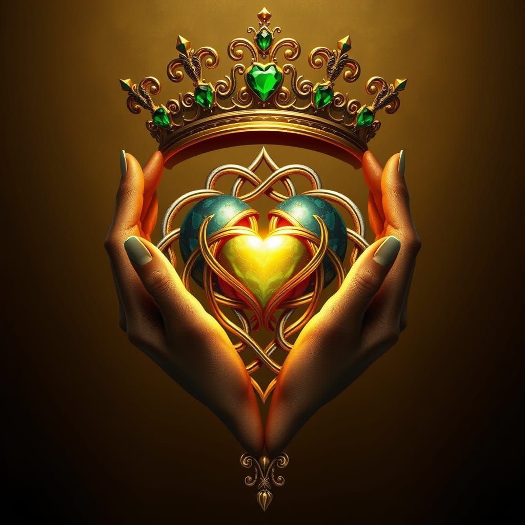 Celtic Fantasy Hands Hold Heart in Emerald Crown