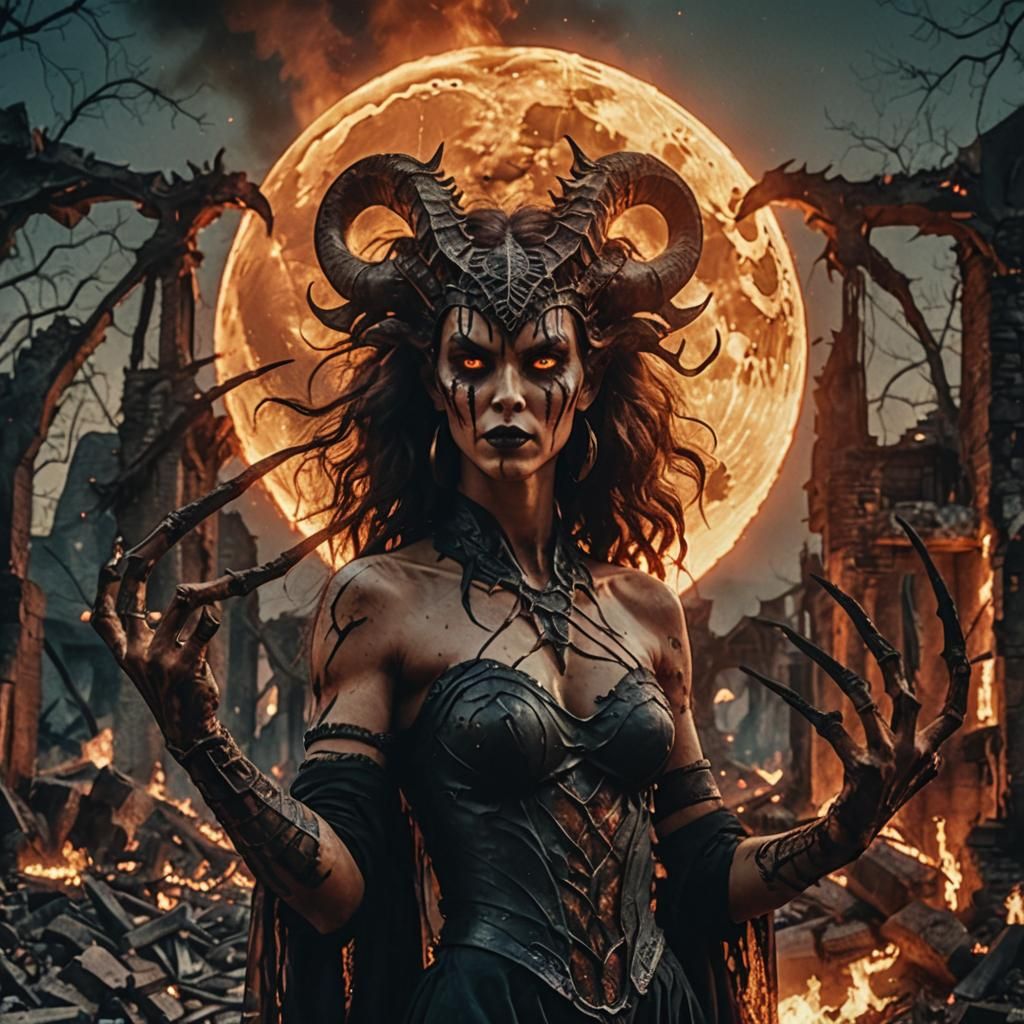 Fiery Demoness in Burning Ruins: Photorealistic Horror