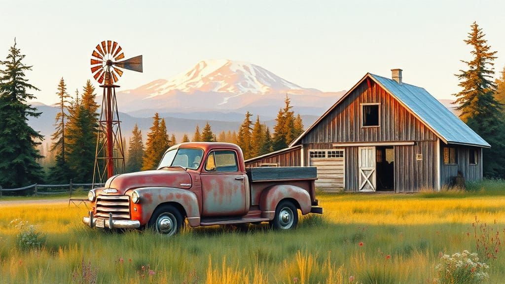 Watercolor Painting of Vintage Truck by Barn at Golden Hour