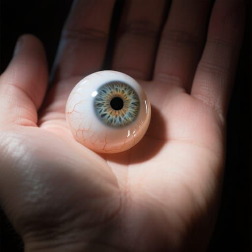 Hyperrealistic Glass Eye in Hand with Dramatic Lighting